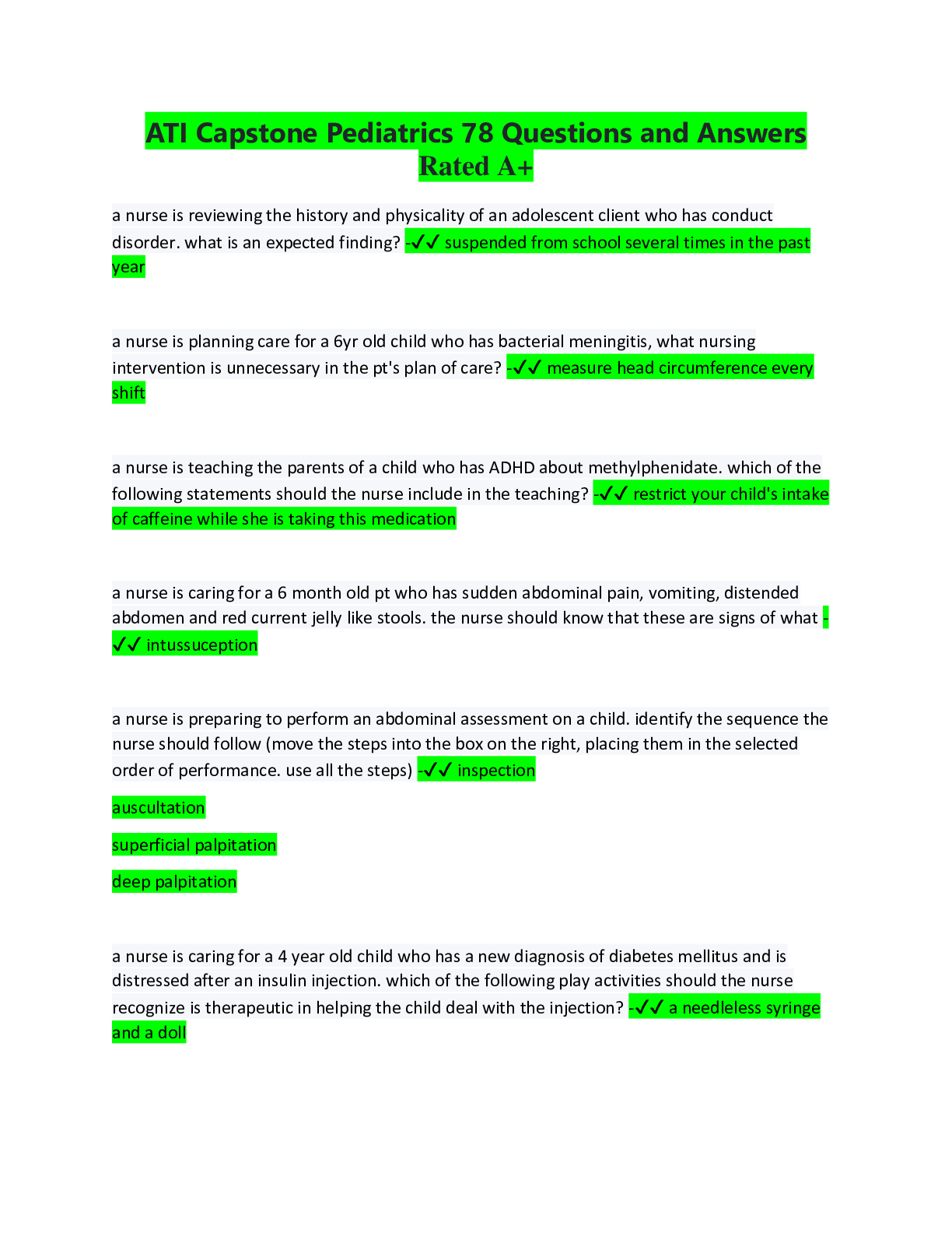 Preview of ATI Capstone Pediatrics 78 Questions and Answers Rated A+